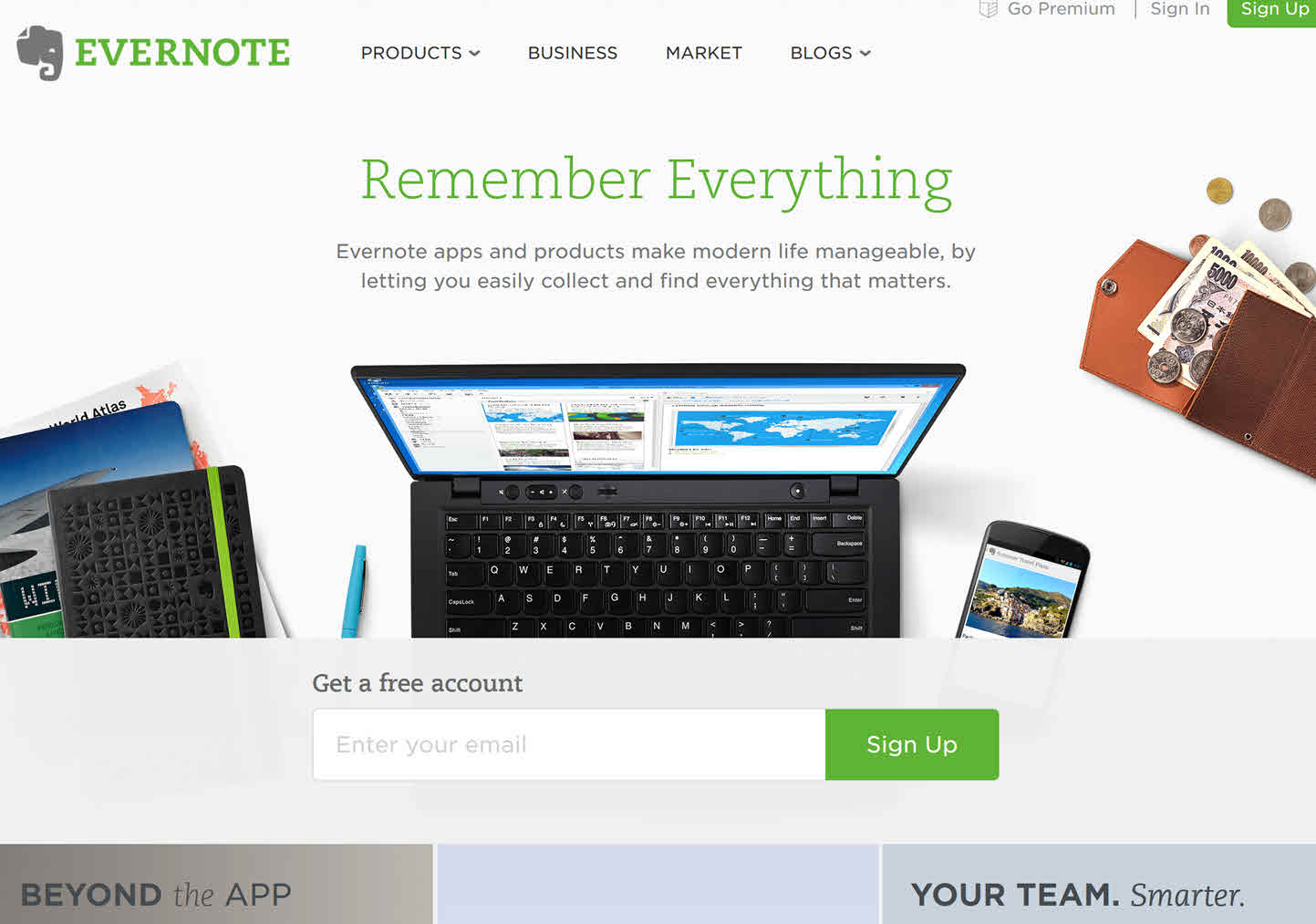 Evernote home page in 2013