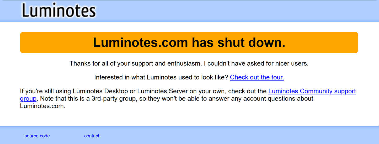Luminotes home page saying it has shut down