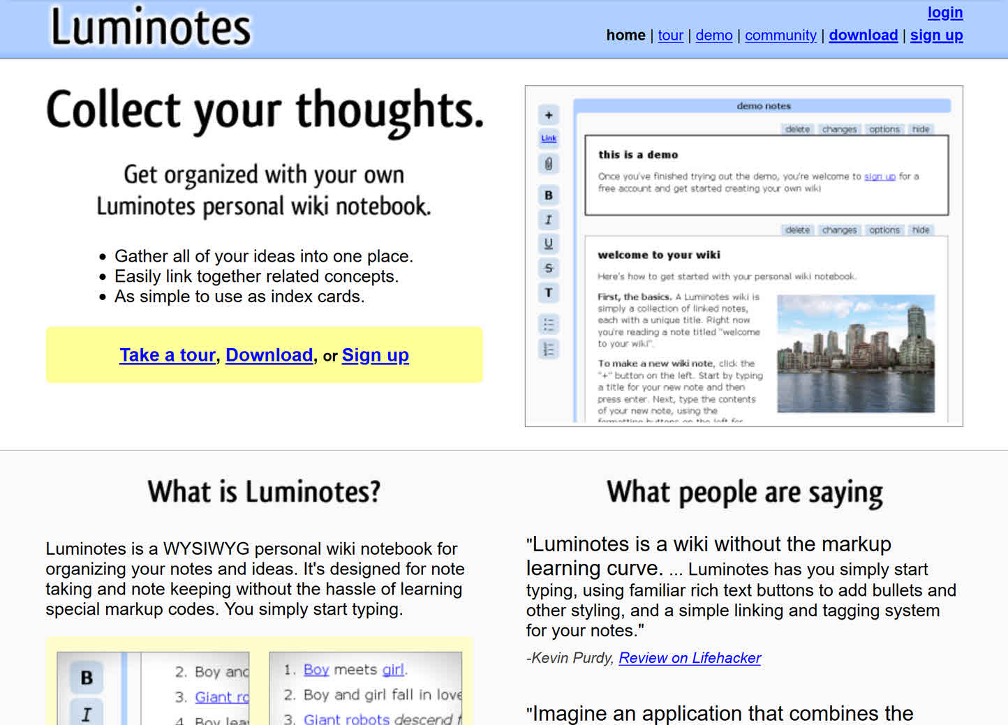 The home page of the Luminotes web service, 2007