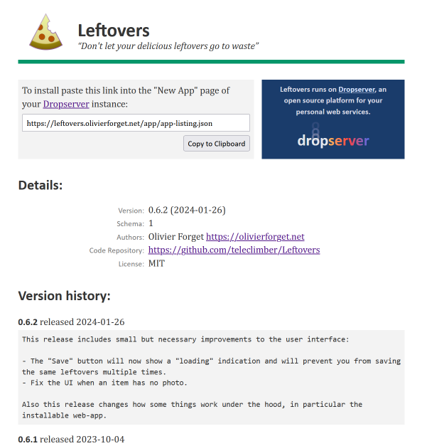 A screenshot showing the generated website for the Leftovers app.
