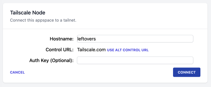 A screenshot showing Dropserver's Tailscale node creation UI.