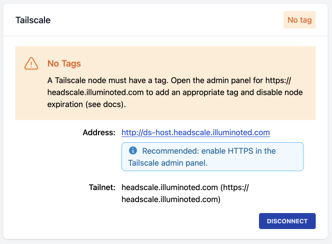 A screenshot showing Dropserver's Tailscale node UI with messages indicating Tags are missing and  HTTPS is not enabled.