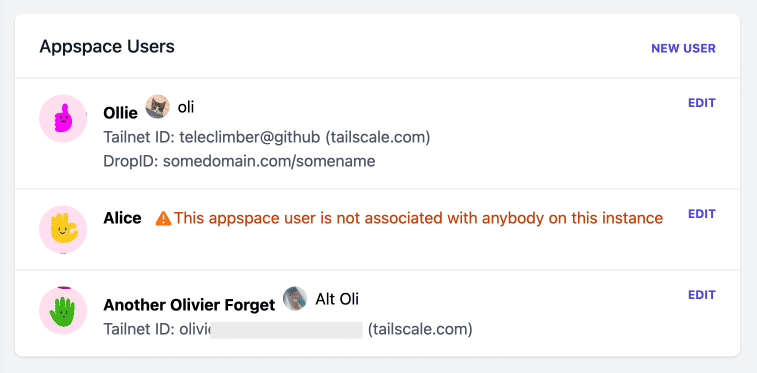 A screenshot showing Dropserver appspace's users list with no conflicts.