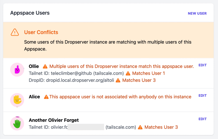 A screenshot showing Dropserver appspace's users list with multiple conflicts.